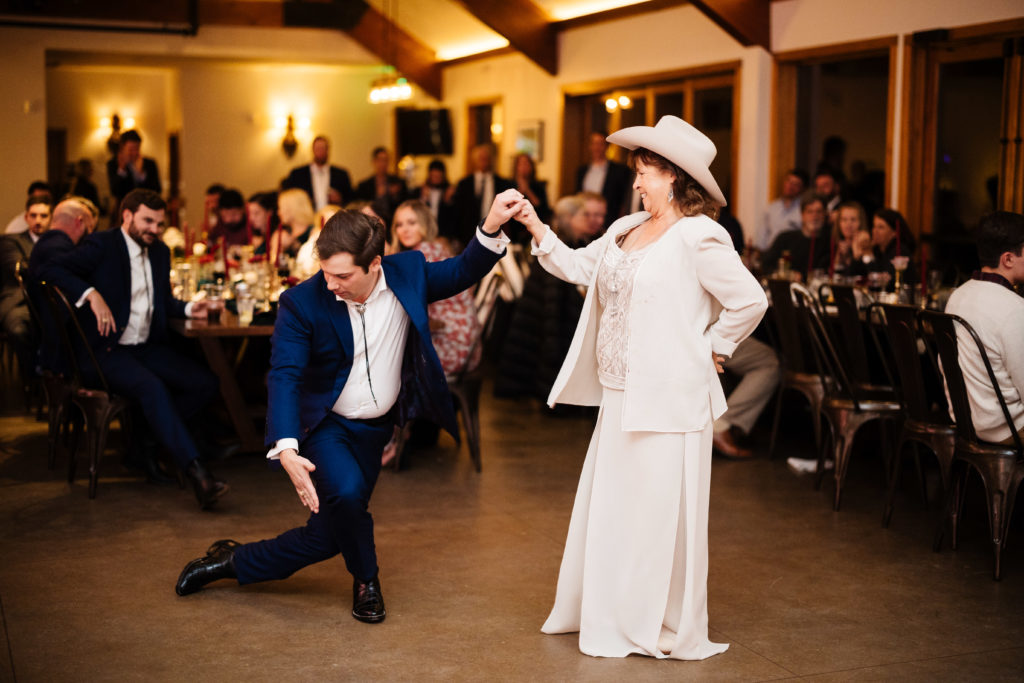 A groom and his grandmother share a dance at The Landing at Estes Park.